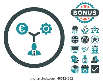 Euro Financial Development icon with bonus pictogram. Vector illustration style is flat iconic bicolor symbols, soft blue colors, white background.