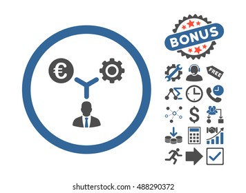 Euro Financial Development icon with bonus elements. Vector illustration style is flat iconic bicolor symbols, cobalt and gray colors, white background.