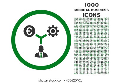 Euro Financial Development rounded vector bicolor icon with 1000 medical business icons. Set style is flat pictograms, green and gray colors, white background.