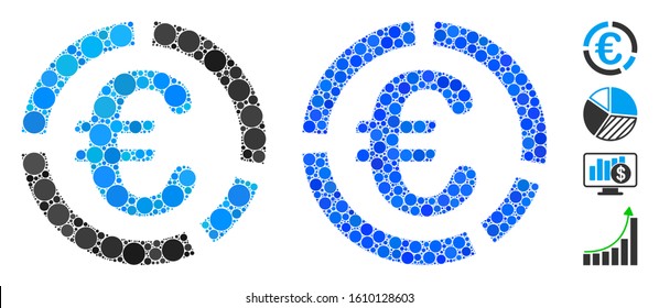Euro financial diagram mosaic of filled circles in variable sizes and color hues, based on Euro financial diagram icon. Vector filled circles are united into blue mosaic.