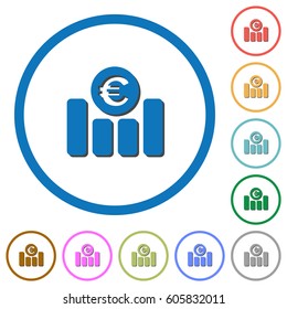 Euro financial graph flat color vector icons with shadows in round outlines on white background