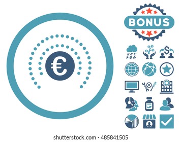 Euro Financial Sphere Shield icon with bonus pictures. Vector illustration style is flat iconic bicolor symbols, cyan and blue colors, white background.
