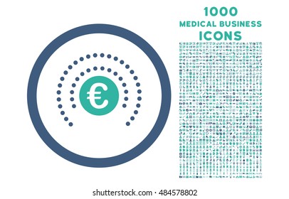 Euro Financial Sphere Shield rounded vector bicolor icon with 1000 medical business icons. Set style is flat pictograms, cobalt and cyan colors, white background.