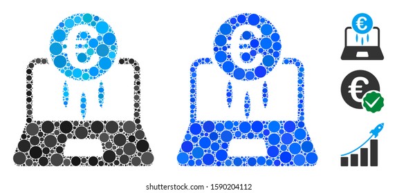 Euro financial startup composition of round dots in different sizes and color tints, based on Euro financial startup icon. Vector dots are organized into blue composition.