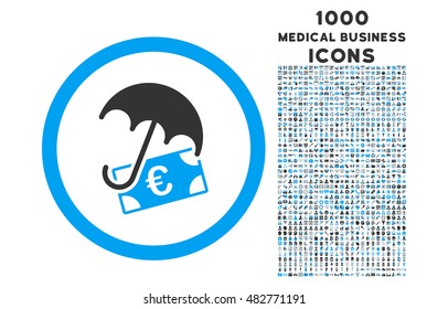 Euro Financial Umbrella rounded vector bicolor icon with 1000 medical business icons. Set style is flat pictograms, blue and gray colors, white background.