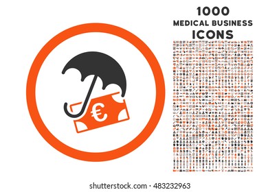 Euro Financial Umbrella rounded vector bicolor icon with 1000 medical business icons. Set style is flat pictograms, orange and gray colors, white background.