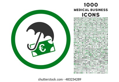 Euro Financial Umbrella rounded vector bicolor icon with 1000 medical business icons. Set style is flat pictograms, green and gray colors, white background.