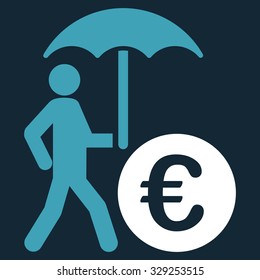 Euro Financial Umbrella vector icon. Style is bicolor flat symbol, blue and white colors, rounded angles, dark blue background.