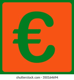 Euro Financial vector icon. Style is flat symbol, orange color, rounded angles, green background.