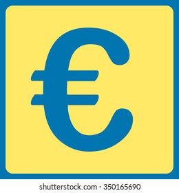 Euro Financial vector icon. Style is flat symbol, yellow color, rounded angles, blue background.