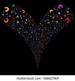 Euro fireworks stream. Vector illustration style is flat bright multicolored iconic symbols on a black background. Object double fountain combined from random design elements.