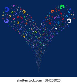 Euro fireworks stream. Vector illustration style is flat bright multicolored iconic symbols on a blue background. Object double fountain organized from random design elements.