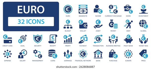 Euro flat icons collection. Banknote, income, budget, wallet, asset, money, coins, credit card, investment, financial network, payment, business sign set.