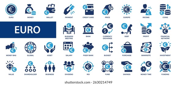 Euro flat icons set. Currency, money, Income, wallet, asset banknote, budget, wallet icons and more signs. Flat icon collection.