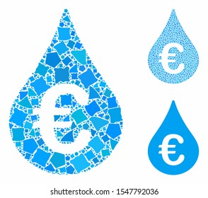 Euro fuel drop composition of humpy pieces in variable sizes and shades, based on Euro fuel drop icon. Vector humpy elements are composed into composition.