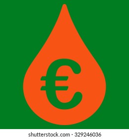 Euro Fuel Drop vector icon. Style is flat symbol, orange color, rounded angles, green background.