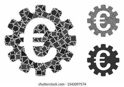 Euro gear mosaic of irregular pieces in different sizes and color tinges, based on Euro gear icon. Vector bumpy pieces are united into mosaic. Euro gear icons collage with dotted pattern.