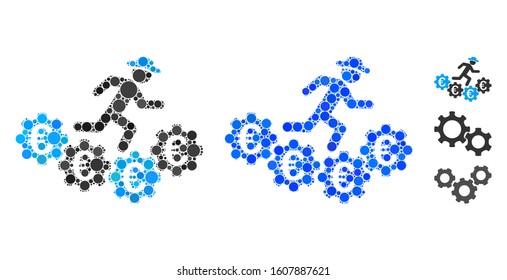 Euro gears runner composition of spheric dots in different sizes and color tones, based on Euro gears runner icon. Vector round dots are combined into blue composition.