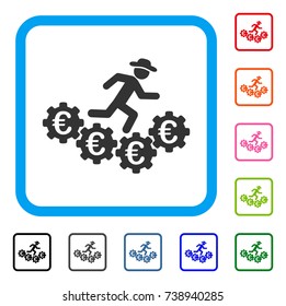 Euro Gears Runner icon. Flat grey pictogram symbol in a light blue rounded square. Black, gray, green, blue, red, orange color additional versions of Euro Gears Runner vector.