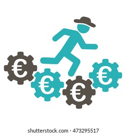 Euro Gears Runner icon. Vector style is bicolor flat iconic symbol, grey and cyan colors, white background.