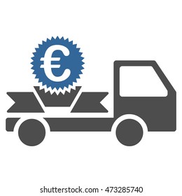 Euro Gift Delivery icon. Vector style is bicolor flat iconic symbol, cobalt and gray colors, white background.