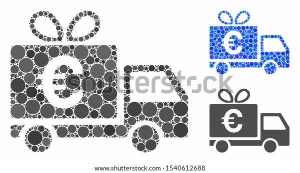 Euro gift delivery\
mosaic of circle elements in variable sizes and color hues, based\
on Euro gift delivery icon. Vector circle elements are combined\
into blue illustration.