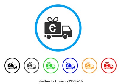 Euro Gift Delivery rounded icon. Style is a flat euro gift delivery gray symbol inside light blue circle with black, gray, green, blue, red, orange color versions.