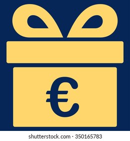 Euro Gift vector icon. Style is flat symbol, yellow color, rounded angles, blue background.