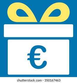 Euro Gift vector icon. Style is bicolor flat symbol, yellow and white colors, rounded angles, blue background.
