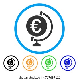 Euro Globe icon. Vector illustration style is a flat iconic euro globe grey rounded symbol inside light blue circle with black, green, blue, yellow color versions.