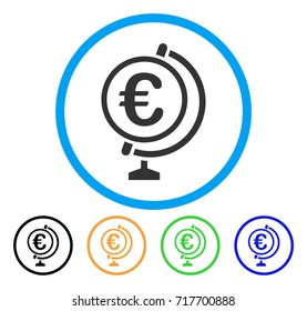 Euro Globe icon. Vector illustration style is a flat iconic euro globe grey rounded symbol inside light blue circle with black, green, blue, yellow color versions.