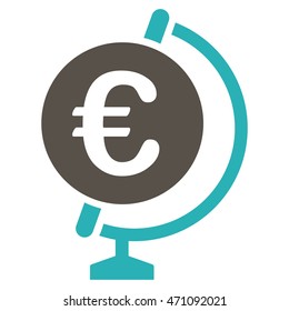 Euro Globe icon. Vector style is bicolor flat iconic symbol with rounded angles, grey and cyan colors, white background.