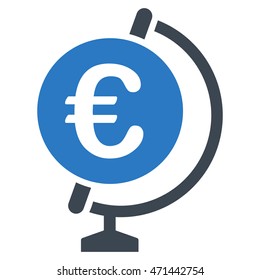 Euro Globe icon. Vector style is bicolor flat iconic symbol with rounded angles, smooth blue colors, white background.