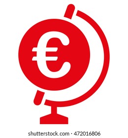 Euro Globe icon. Vector style is flat iconic symbol with rounded angles, red color, white background.