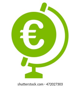 Euro Globe icon. Vector style is flat iconic symbol with rounded angles, eco green color, white background.