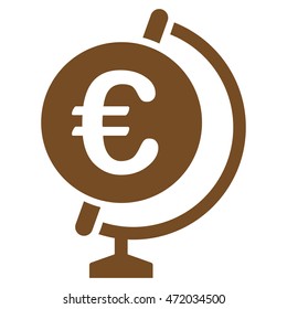 Euro Globe icon. Vector style is flat iconic symbol with rounded angles, brown color, white background.