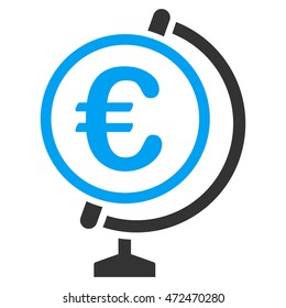 Euro Globe icon. Vector style is bicolor flat iconic symbol with rounded angles, blue and gray colors, white background.