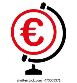 Euro Globe icon. Vector style is bicolor flat iconic symbol with rounded angles, intensive red and black colors, white background.