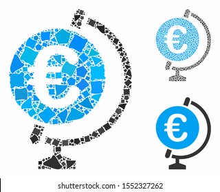 Euro globe mosaic of tremulant parts in various sizes and shades, based on Euro globe icon. Vector trembly parts are combined into collage. Euro globe icons collage with dotted pattern.