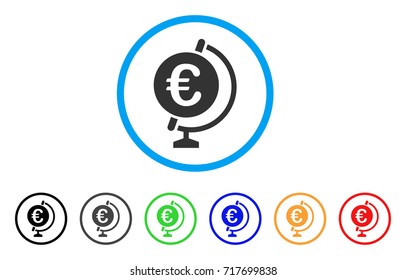 Euro Globe rounded icon. Style is a flat euro globe grey symbol inside light blue circle with black, gray, green, blue, red, orange variants. Vector designed for web and software interfaces.