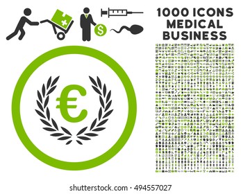 Euro Glory icon with 1000 medical commerce eco green and gray vector pictographs. Design style is flat bicolor symbols, white background.