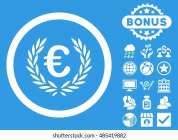 Euro Glory icon with bonus pictogram. Vector illustration style is flat iconic symbols, white color, blue background.