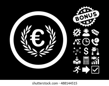 Euro Glory pictograph with bonus elements. Vector illustration style is flat iconic symbols, white color, black background.