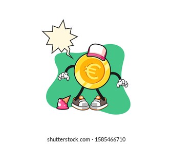 Euro gold coin with ice cream fall with speech bubble cartoon. Mascot Character vector.