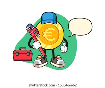 Euro gold coin plumber with speech bubble cartoon. Mascot Character vector.