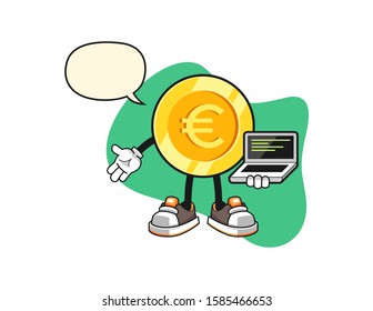 Euro gold coin programmer with speech bubble cartoon. Mascot Character vector.
