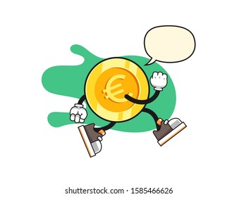 Euro gold coin run with speech bubble cartoon. Mascot Character vector.