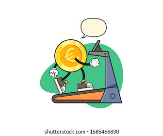 Euro gold coin walking on treadmill with speech bubble cartoon. Mascot Character vector.