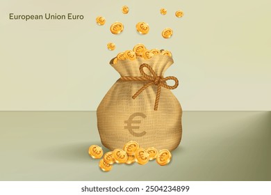 Euro Gold Coins Falling in Sack of Bag. Realistic 3D gold coins. Vector Illustration Concept for Savings, Casino, Fortune, Profit etc.