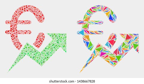 Euro growing trend collage icon of triangle elements which have variable sizes and shapes and colors. Geometric abstract vector illustration of euro growing trend.